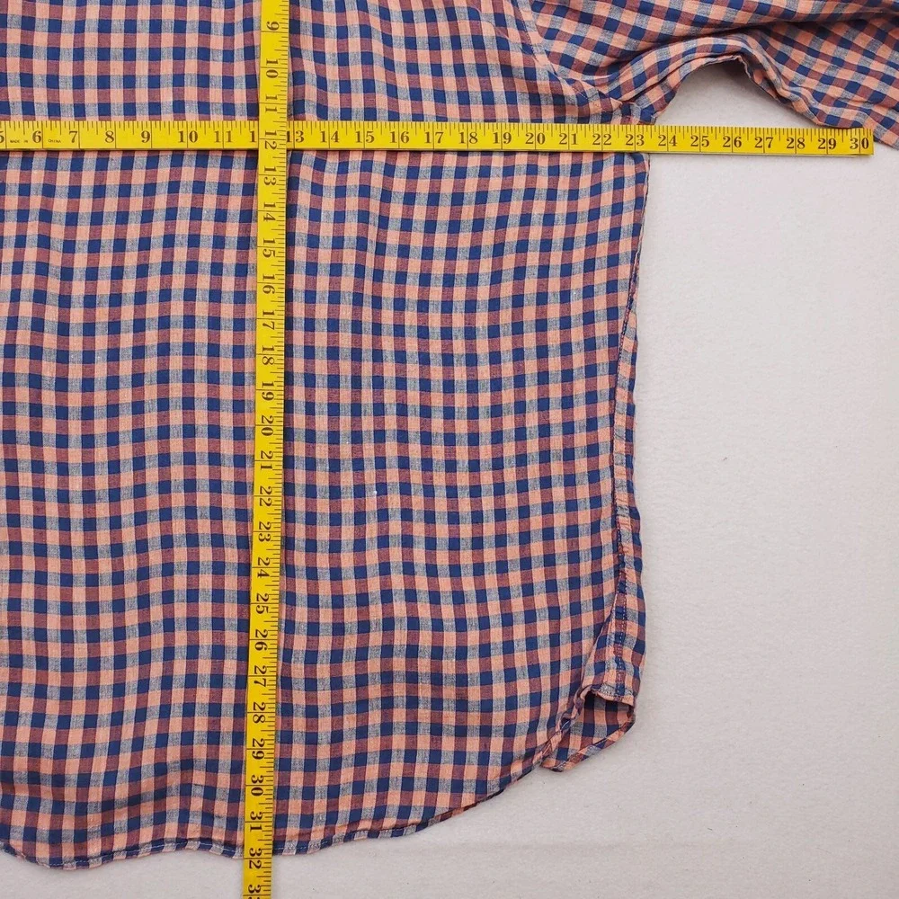 Banana Republic Shirt Mens Large Blue Peach‎ Camden Linen Gingham Plaid Preppy